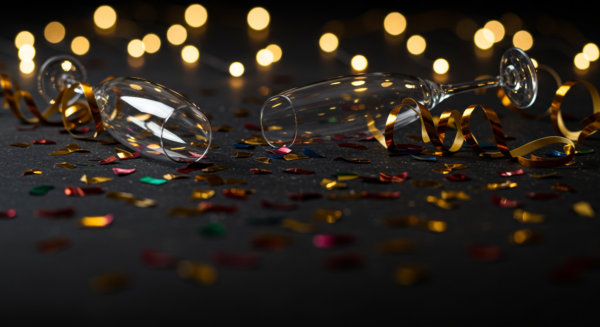 2 glass champagne glass fallen over on a table of confetti