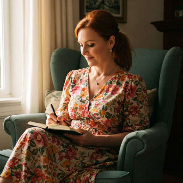 Woman Journalling in a living room chair