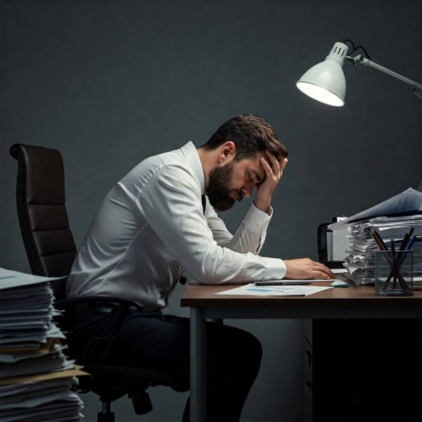 Man at desk, with head in palm, looking overwhelmed by stacks of paperwork.