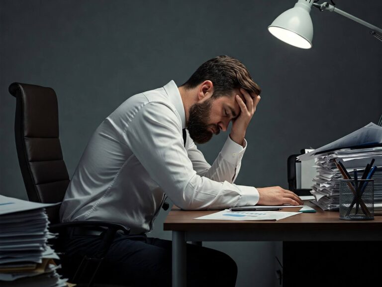 Man at desk, with head in palm, looking overwhelmed by stacks of paperwork.