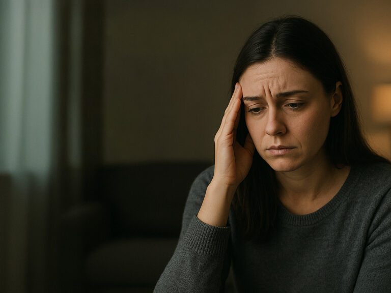 Young to middle age woman holding the temple of her head with stressed expression